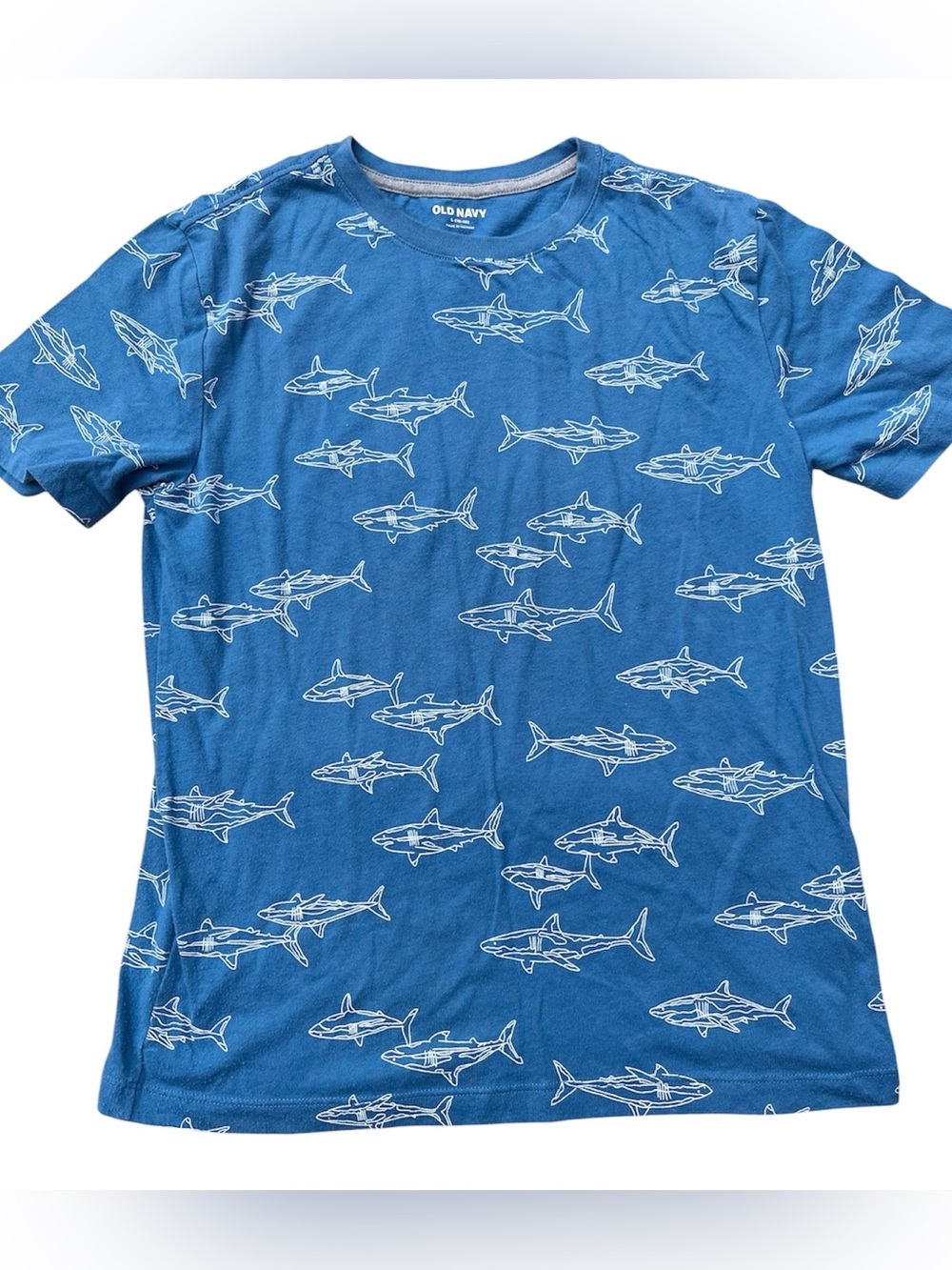 Old Navy Boys Blue And White Shark Print T-Shirt  Super Soft Size L 10/12